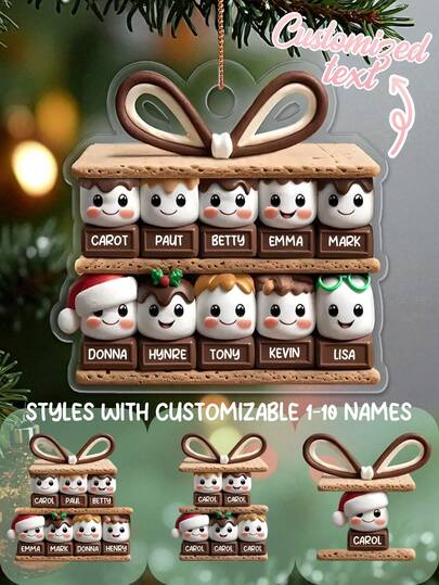 Personalized Marshmallow Family Ornament Custom Name Holiday Decoration 2025 Christmas Tree Hanging Keepsake Gift Printed Ornament For Kids Parents Couples Friends Winter Home Decor Collectible Personalized Gift