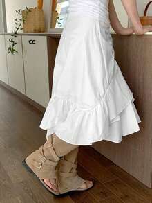 Asymmetrical Ruffle Hem Fish Tail Skirt, High Waist Slimming Skirt - White - View 1