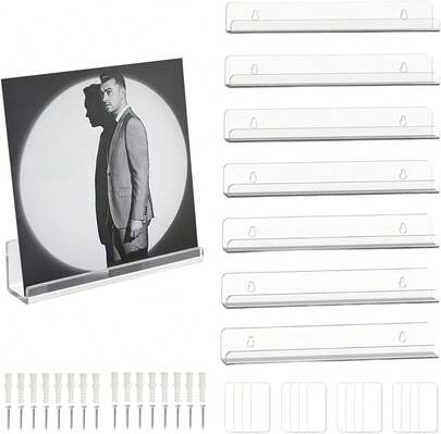 AEVIORA 8 Pcs Estantes Flotantes para Discos de Vinilo, Soporte para Vinilos de 12 Puadas, Repisa para Exhibición y Almacenamiento de álbumes, Soporte de Pared de Acrílico Transparente