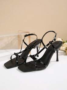 Giày sandal cao gót mũi vuông kiểu Pháp, quai thắt nút, phong cách giản dị, thanh lịch, gợi cảm dành cho nữ, thích hợp cho hẹn hò, đi làm, du lịch và phối cùng trang phục mùa xuân hè. - màu đen - Xem 5