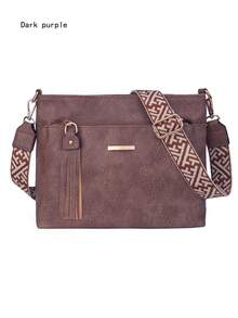 复古休闲斜挎包，大容量，女士休闲斜挎包，可拆卸可调节肩带，拉链封口，适合日常通勤、购物和旅行 - 咖啡棕色、黑色、深棕色，几何图案点缀，纹理表面 - 彩色 - 查看 18