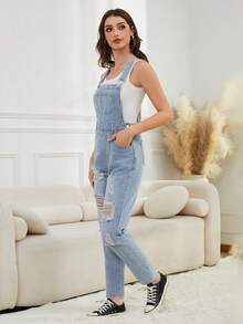 Women Plain Pocket Washed Ripped Slim Waist Denim Bib Overall Jumpsuit - Blue - View 6