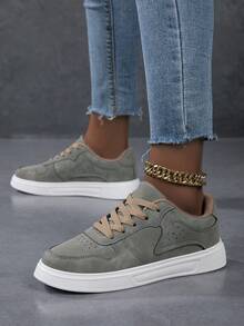 女士休闲运动鞋，时尚小白鞋，街头风格滑板鞋，轻便 - 軍綠色 - 查看 3