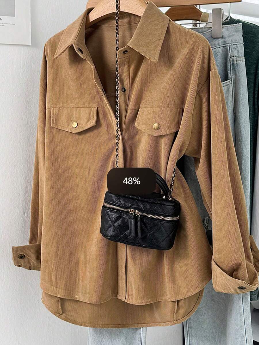 Chemise décontractée pour femmes, de couleur unie, avec boutons devant et poches, printemps - Brun - Voir 1