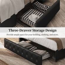 Butterslay 1pc Modern Queen Bed Frame With Storage, Upholstered Platform Bed, Three Drawers, Bedroom Furniture, Black - 黑色 - 查看 4