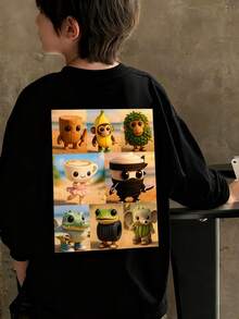 1 件青少年男孩休闲印花长袖 T 恤，春/秋季，时尚保暖舒适上衣，适合年轻学生和青少年 - 黑色 - 查看 8