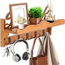 Wall Mount Coat Rack With Shelf - 42cm 5 Dual Hooks Beach Theme |   Entryway Bathroom Storage - Brown - View 3