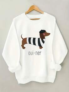 Women's White Dachshund In Striped Shirt & Oui Ner Graphic Casual Sweatshirt - Soft Light Beige-Friendly Fabric, All-Season Round Neck Pullover, Machine Washable Funny Dog Lover Apparel For Casual Attire - 白色 - 查看 5