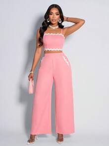 AIJ Amarilo Women's Sexy & Elegant Pink Two Pieces Set – Spaghetti Strap Crop Cami Top & Wide Leg Pants – Ideal For Spring Break Outfit, Summer Casual Wear, Valentine's Day Look & Carnival Costume - Baby Pink - View 4
