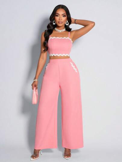 AIJ Amarilo Women's Sexy & Elegant Pink Two Pieces Set – Spaghetti Strap Crop Cami Top & Wide Leg Pants – Ideal For Spring Break Outfit, Summer Casual Wear, Valentine's Day Look & Carnival Costume