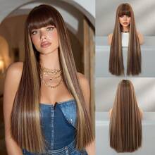 NICKY WALL Elegant-26 Inch Blonde Highlights Wigs For Women, Long Straight Wigs With Bangs, High Density Fluffy Synthetic Heat Resistant Fiber Hair Wig For Daily Wear, Costume Wigs Music Festival Party Use - Làm nổi bật tóc vàng - Xem 12