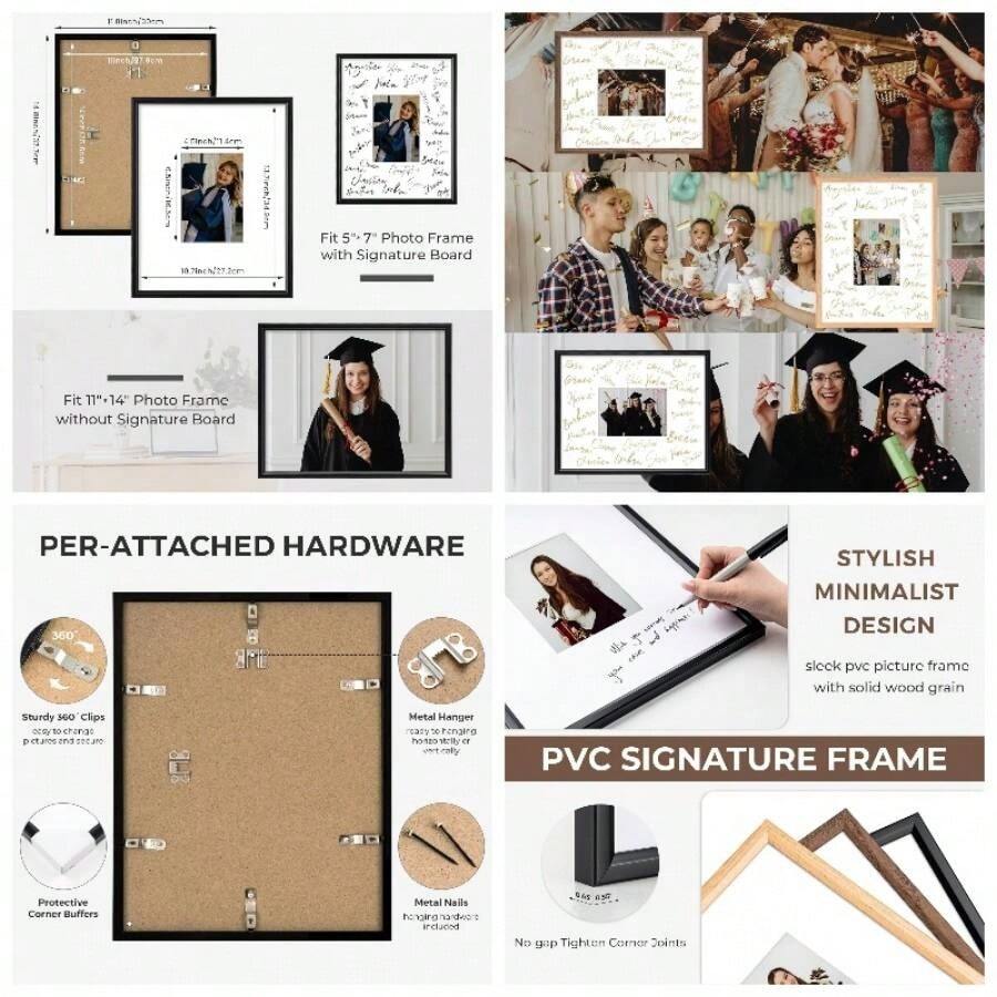11x14 Signature Picture Frame With 5x7 White U2013 Wedding Guest Book, Wall Hanging Photo Frame Graduation, Celebration, Autograph Display And Home Decor, Black - 11x14-1件+黑色 - 查看 1