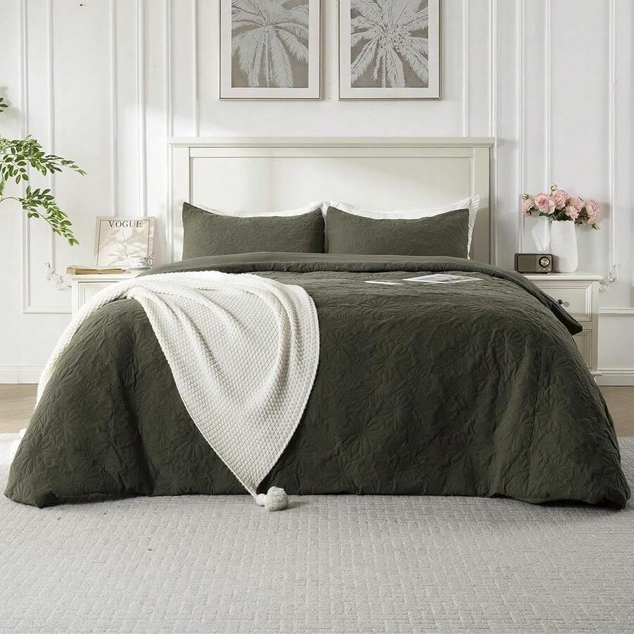 FQueen Duvet Cover Set, 3 Pieces Soft Jacquard Bedding Set FQueen Size, Breathable, Skin-Friendly And Comfy, Includes 1 Duvet Cover, 2 Pillow Cases (Olive Floral Textured, FQueen Size{Inchcolor_nameinch:InchBrushedJacquardinch,Inchsize_nameinch:InchFQueeninch} - 拉絨提花 - 查看 1