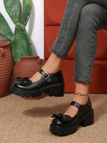 Sapato feminino Foot Flair com detalhe de laço (calça um número menor), estilo Mary Jane, plataforma, salto bloco grosso, tira no tornozelo, inspiração gótica lolita Y2K, clássico, confortável, ideal para uniforme escolar. Calça um número menor. - Preto Grafite - Ver 5