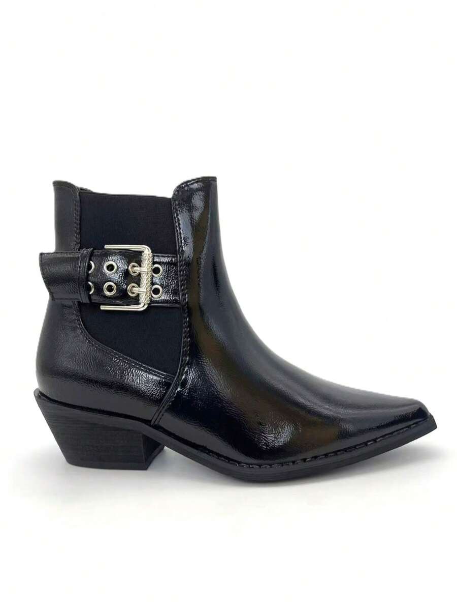 Women's Western Style Rhinestone Embellished Mid-Calf Boots - Black - View 1