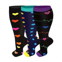 3 Pairs Women's Plus Size Compression Stockings, Extra Wide Calf & Knee Length, Suitable For Sports, Nurses, For Gym - Black and White - View 6