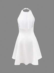 女士褶皱优雅圆领无袖紧身 A 字连衣裙，纯色，梭织面料，优雅，夏季