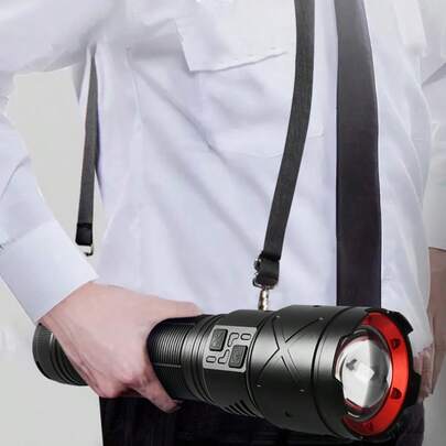 1pc Powerful LED Flashlight, Tactical Rechargeable Flashlight With Built-In Battery, 6 Lighting Modes, 6000m Long Beam Distance, Super Bright Handheld Outdoor Light, Adjustable Zoom, Safety Lighting Flashlight Suitable For Camping, Fishing, Hiking, Hunting, Adventure, Rescue, Mountaineering, Emergency, Work And Other Occasions