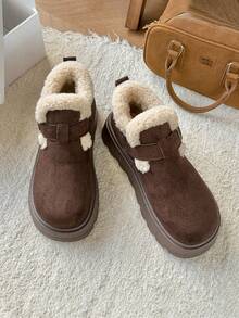 女士复古厚底冬鞋，加厚内里保暖绒面冬季新款，女士拖鞋 - 咖啡棕 - 查看 2