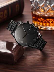 Multi-Piece Combo Set: Business + Accessories, Adult Quartz Watch, Luxury Men's Stainless Steel Band Single Calendar Alloy Watch, Alloy Band High-End Elegant Wrist Watch, Suitable For Night Fishing And Adventure, Large Dial Fashionable Casual Watch For Men - Multicolor - View 2