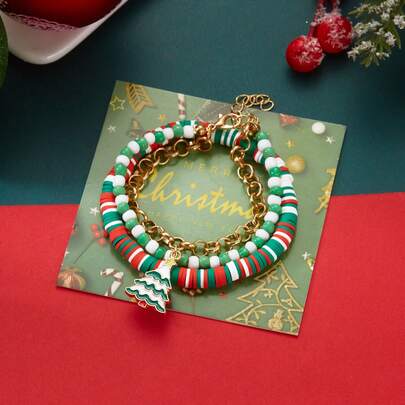 2pcs/Set Fashionable European & American Style Stacked Red & Green Christmas Tree Beaded Pendant Polymer Clay Bracelet