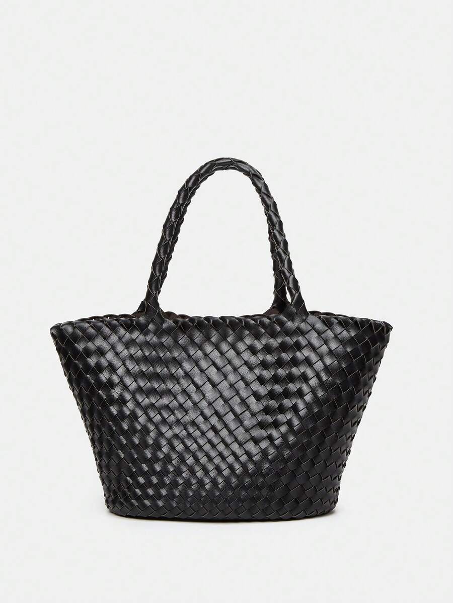 Sac bandoulière femme, cabas tissé à la mode, sac shopping, sac de voyage et portefeuille, sac à main femme avec pochette à cordon. - Noir - Voir 1