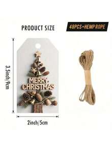 48 件乡村农舍圣诞礼物标签 - 木纹纹理，带有松果和铃铛镂空，麻绳扎带用于礼物包装和树木装饰（米色/棕色复古风格）