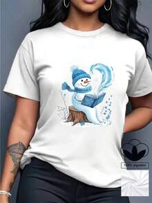 Camiseta casual de mujer, 100% algodón, con estampado gráfico de temática navideña, camiseta de manga corta con cuello redondo casual y cómoda, ropa de primavera y verano, adecuada para cualquier ocasión, color sólido, casual, uso diario. - Blanco - Ver 1