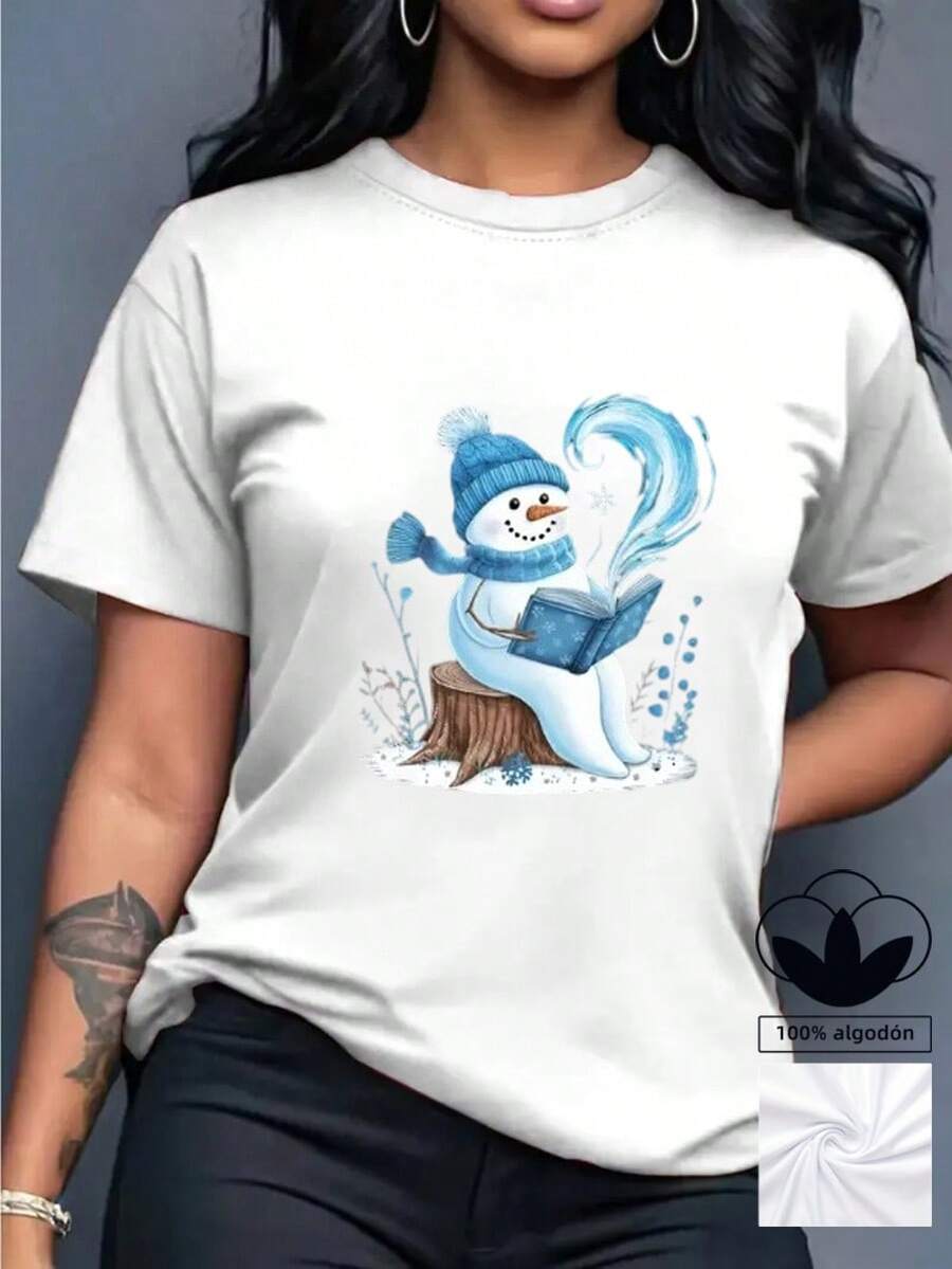 Camiseta casual de mujer, 100% algodón, con estampado gráfico de temática navideña, camiseta de manga corta con cuello redondo casual y cómoda, ropa de primavera y verano, adecuada para cualquier ocasión, color sólido, casual, uso diario. - Blanco - Ver 1