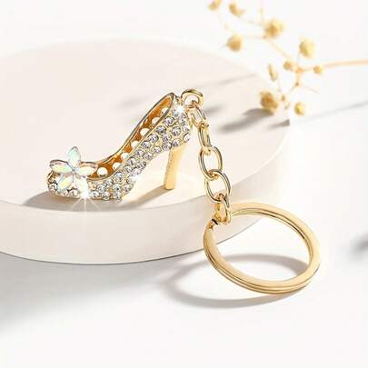 1pc Elegant Rhinestone High Heels Keychain With Butterfly Detail - Gold Alloy, Transparent Crystal Decoration, Ideal Accessory For Women's Handbags And Backpacks, Perfect Birthday Gift, Bag Charm | Butterfly Embellishment | Alloy Structure, Shiny Shoe Decorations