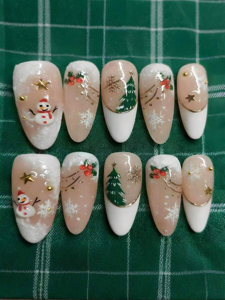 24片装中号杏仁形圣诞美甲贴片，圣诞树和雪人图案，金色星星设计，亮面全覆盖，适合女性和女孩，Y2K风格，圣诞派对约会美甲 - 彩色 - 查看 1