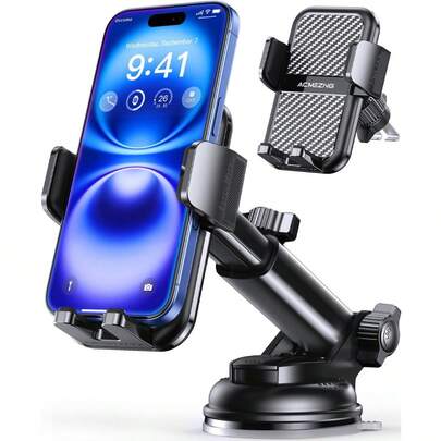 Soporte para teléfono de automóvil 3 en 1 [122+LBS succión más fuerte y brazo de abrazadera estable] Soporte ajustable de 360°, soportes para teléfono celular para todos los modelos de automóvil para ventilación de tablero, todos los teléfonos inteligentes, negro