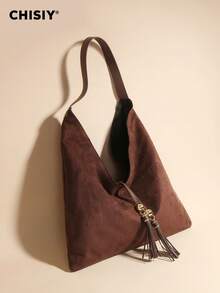 Original Handmade Dark Brown Suede Fringe Fabric Fashion Tote Bag, Elegant Large Capacity Women's Commuter Bag, Casual Student Simple Christmas Gift One Shoulder Bag Suitable For Work, Travel, Shopping, Wedding, Music Festival, Winter