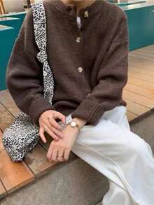 Plus Size Brown Round Neck Drop Shoulder Long Sleeve Button Front Knit Cardigan, Warm & Comfortable Knitted Blend Sweater For Autumn/Winter - Brown - View 4