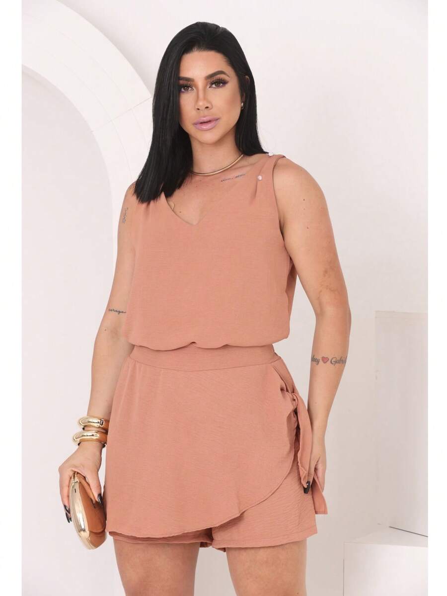 Women's Tank Top And Skirt Set With Elegant Bow - Formal - Beige - Visa 1