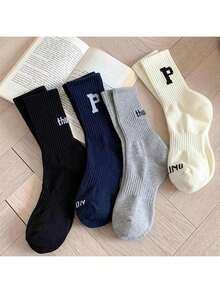 4双随机发货，男女通用中筒袜，适合春夏秋三季。搭配字母P图案的鲨鱼裤。运动纯色黑白袜，秋季 - 彩色 - 查看 12