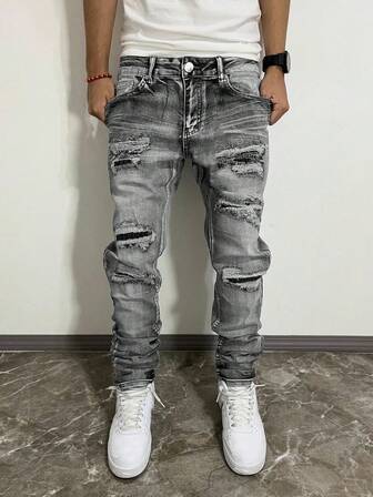 男士修身做旧弹力牛仔裤，差异水洗紧身牛仔裤，个性化设计，棉质侧袋，百搭