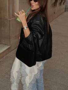 2025 Autumn/Winter New Fashion Black Faux Leather Jacket For Women, Zipper & Button Pockets Casual Street Style Cool Girl Outerwear - Black - View 2