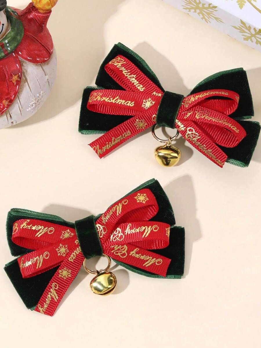 2件組女童聖誕深綠色天鵝絨髮蝴蝶結夾,金色「Merry Christmas」與雪花印花紅緞帶,金色鈴鐺飾品,聖誕派對用 - 彩色 - 查看 1