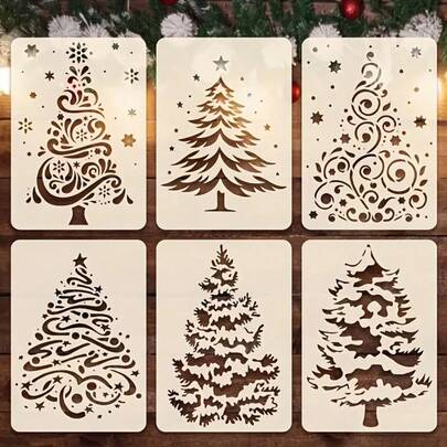 Conjunto de 6 modelos de árvores de Natal - Modelos de artesanato reutilizáveis para decoração de festas, arte de parede, cartões - Padrões de Natal, designs de flocos de neve, pinturas de festas, cartões feitos à mão, decorações sazonais, modelos duráveis, precisos, modelos de artesanato, guias de pintura, artesãos, artistas e pintores