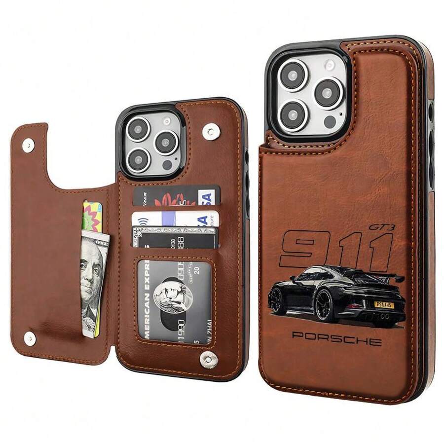 Auto deportivo de lujo GT3-RS auto de carreras sedán 911 alemán genial creativo auto de ensueo Estuche para tarjetas con diseño estético en marrón para iPhone 16 15 14 13 12 Pro Plus Max de piel sintética elegante a prueba de golpes anticaídas - Marrón - Ver 1