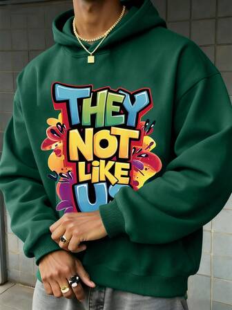 Teen Boy Casual Minimalist Letter Printed Green Long Sleeve Hooded Loose Fit Sweatshirt, Suitable For Autumn/Winter
