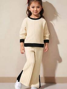 2pcs Young Girl Ribbed Brushed Patchwork Long Sleeve Top And Pants Set, Autumn