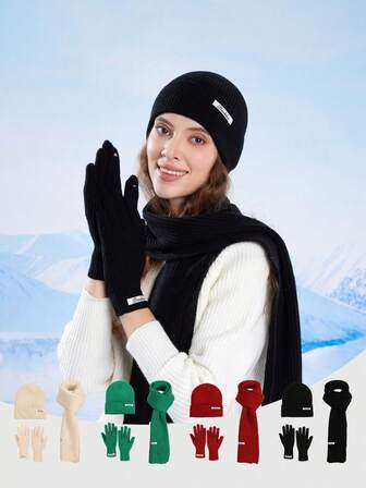 Women's 3 PiecesHat, Gloves And Scarf Set, Knitted Beanie Hat, Outdoor Warm Ear Protection, Suitable For Autumn/Winter