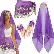 4 件套肚皮舞套装肚皮舞雪纺臀巾、头巾腕带舞蹈配饰带金币 - 彩色 - 查看 6