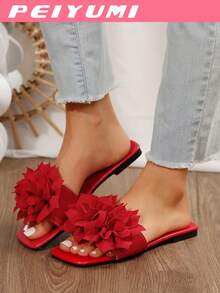 PEIYUMI Summer Unique Floral Decor Flat Sandals, Fashionable & , Non-Slip Women Beach Casual Slippers, Available In White, Black, Red, Green, Rose Red, Pink, Apricot Colors - Red - View 3