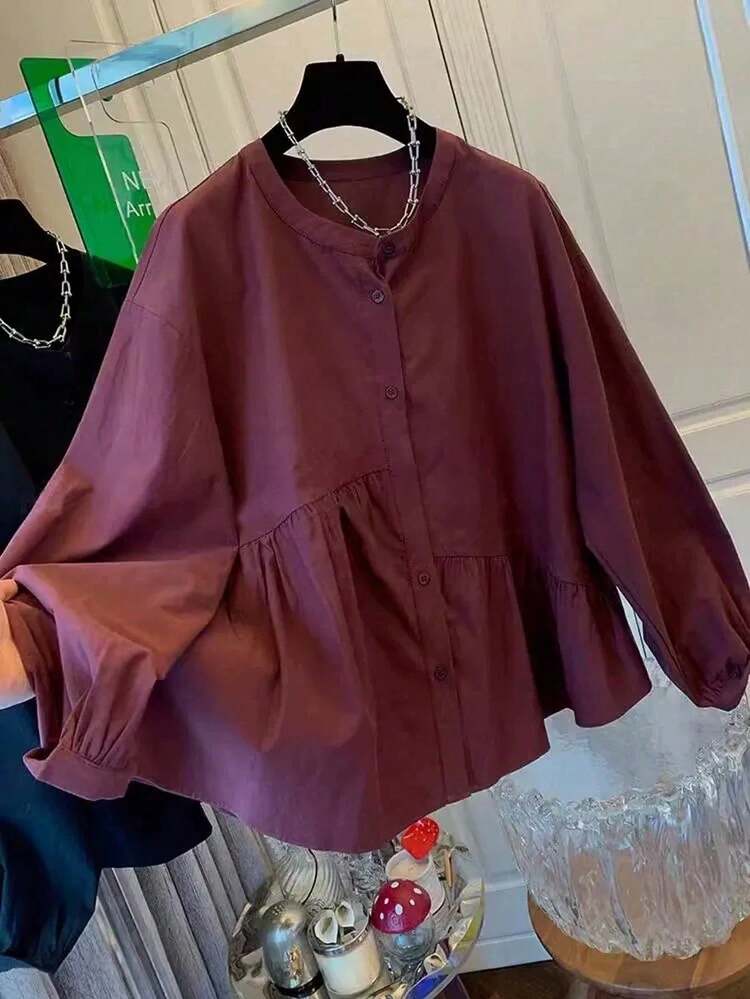 大码女式休闲褶皱圆领衬衫，适合通勤 - 酒紅色 - 查看 5