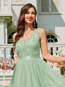 MIUSOL 深V领亮片蕾丝撞色网纱荷叶边下摆鸡尾酒礼服，夏季女装，闪亮正式礼服，适合生日派对、毕业典礼、晚宴及其他场合，如婚礼 - 薄荷綠 - 查看 10