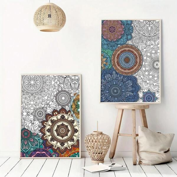Mandala Malplakate Set mit 2 Stücke, für Jugendliche, Erwachsene - Wanddekoration für Zuhause, Klassenzimmer, Partyzubehör - ideal für Kunst- und Bastelaktivitäten ohne Rahmen 50x70cm