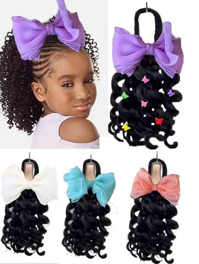 （配件颜色随机）1件儿童马尾假发，带蝴蝶结和彩色蝴蝶夹，卷曲马尾，En Gros 儿童合成马尾假发，带弹性。